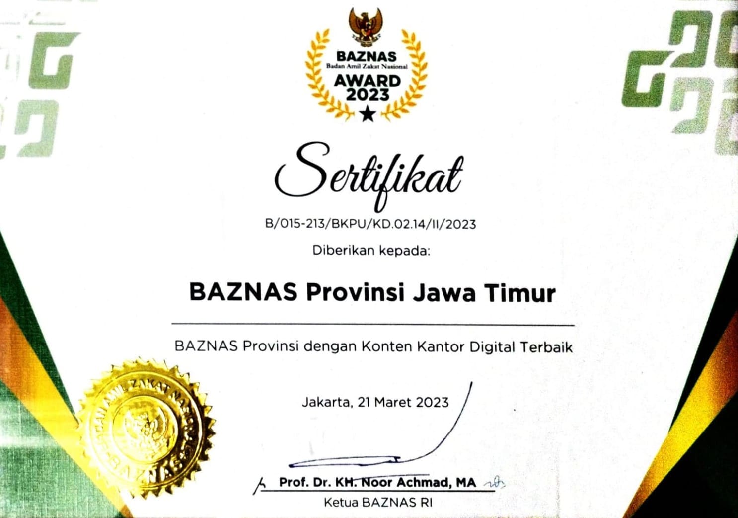 Piag BAZNAS Provinsi dengan Konten Kantor Digital Terbaik
