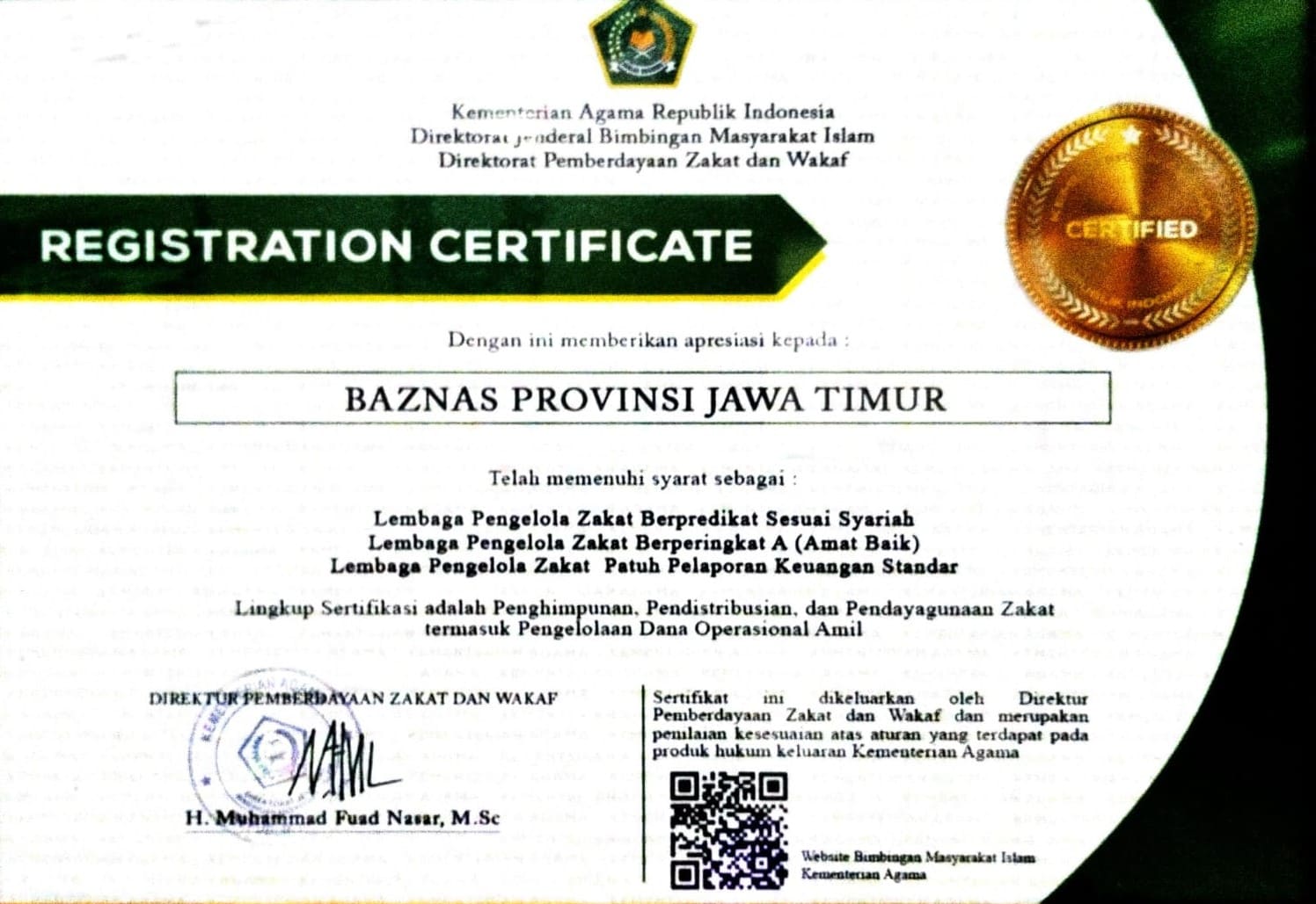 Piag Lembaga Pengelola Zakat Berpredikat Sesuai Syariah, Perperingkat A (Amat Baik), dan Patuh Pelaporan Keuangan Standar